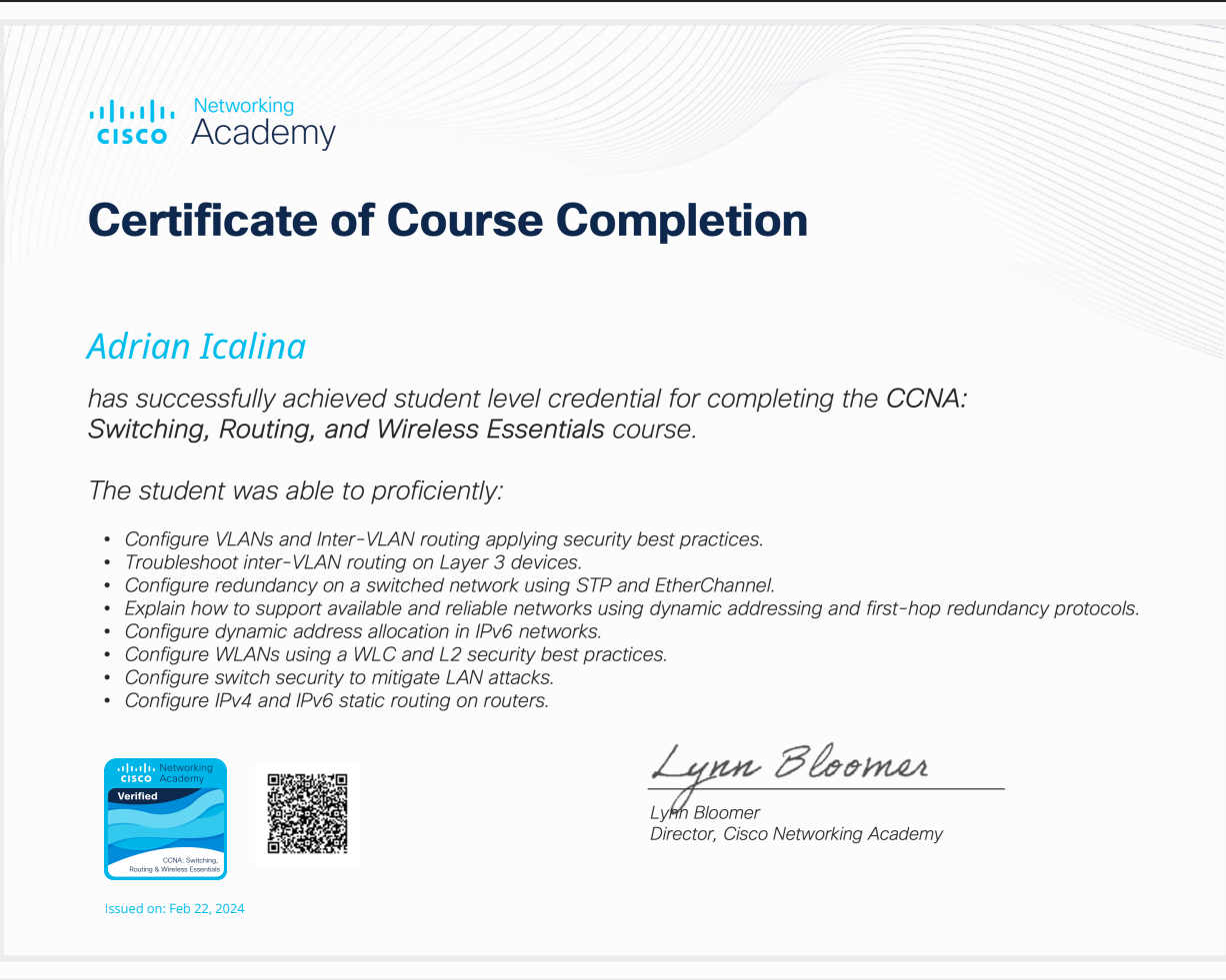 CCNA Course Completion Certificate