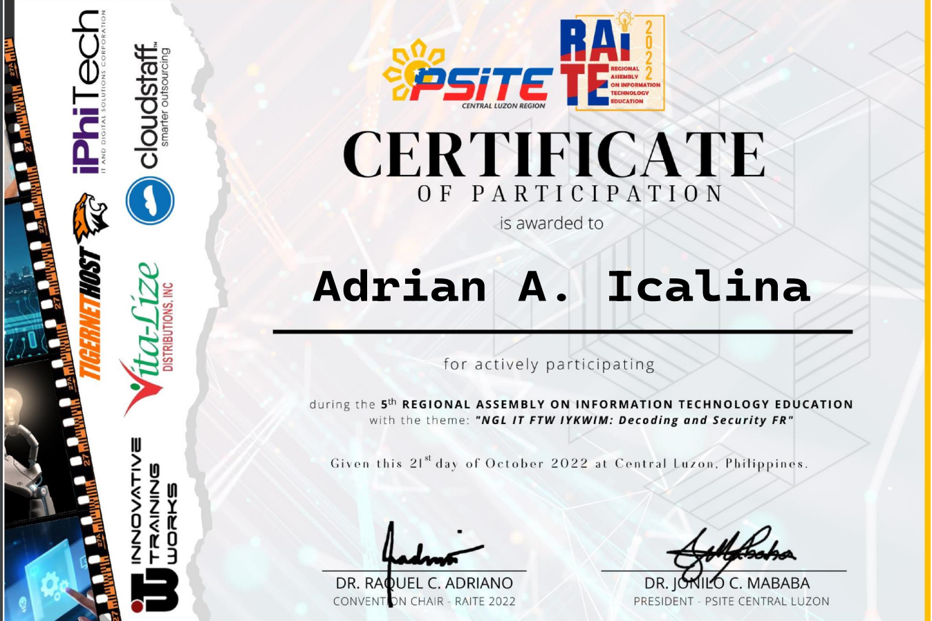 Regional Assembly Certificate